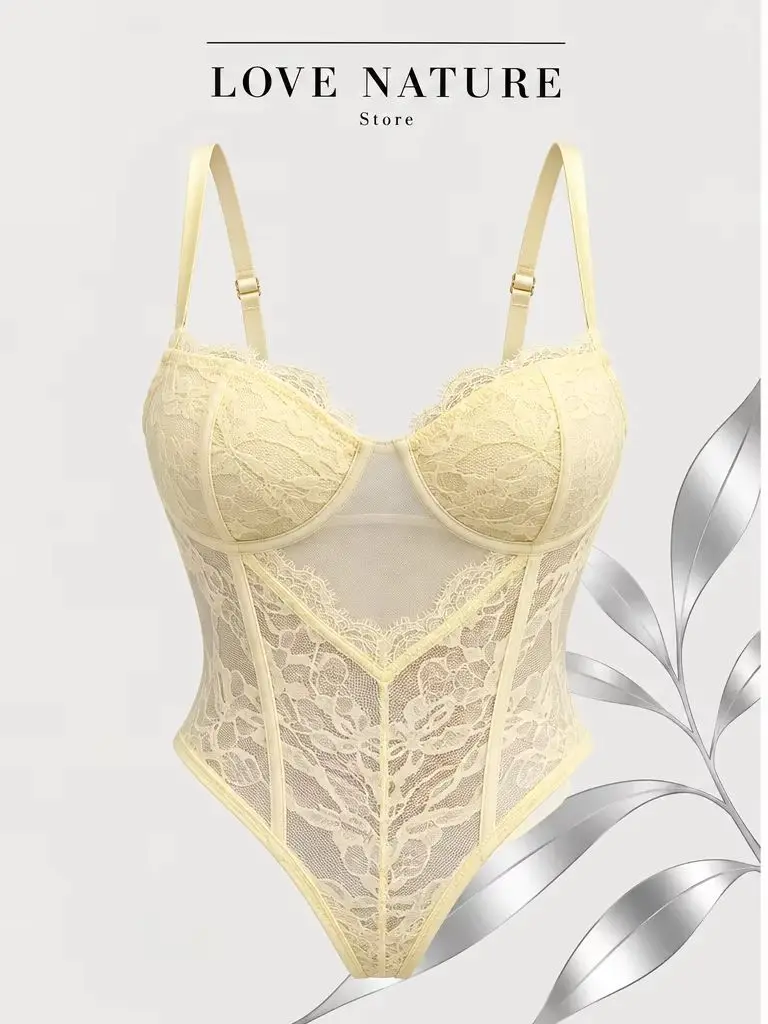 【LOVE NATURE Store】Women's Sexy Floral Lace Bodysuit, Sheer Mesh Underwire Corset Lingerie with Adjustable Straps, Slim Fit Tedd