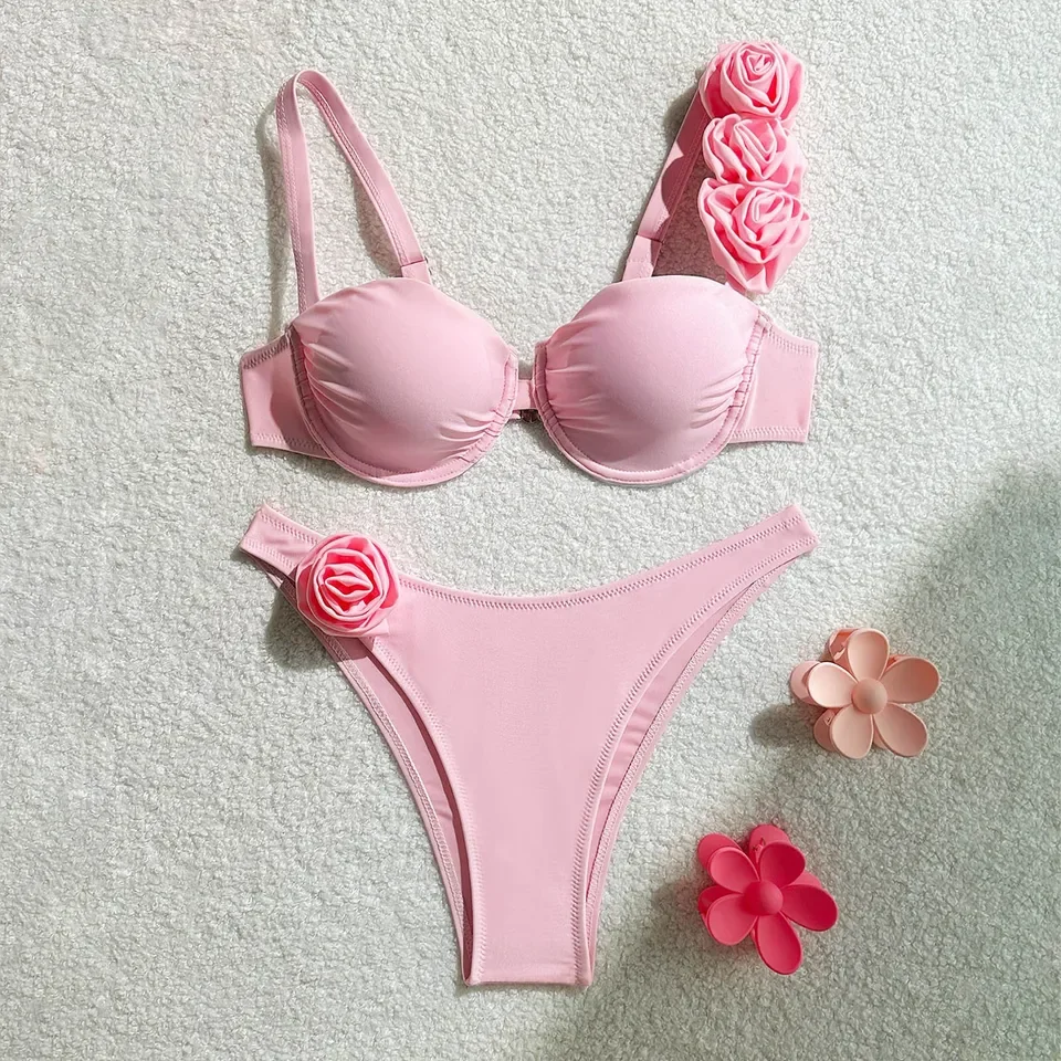 

Women'S 3d Flower Bikini Sets Bohemian Sexy Two Piece Swimsuits Gather Low-Waist Solid Color High Cut Swimwear Bathing Suits