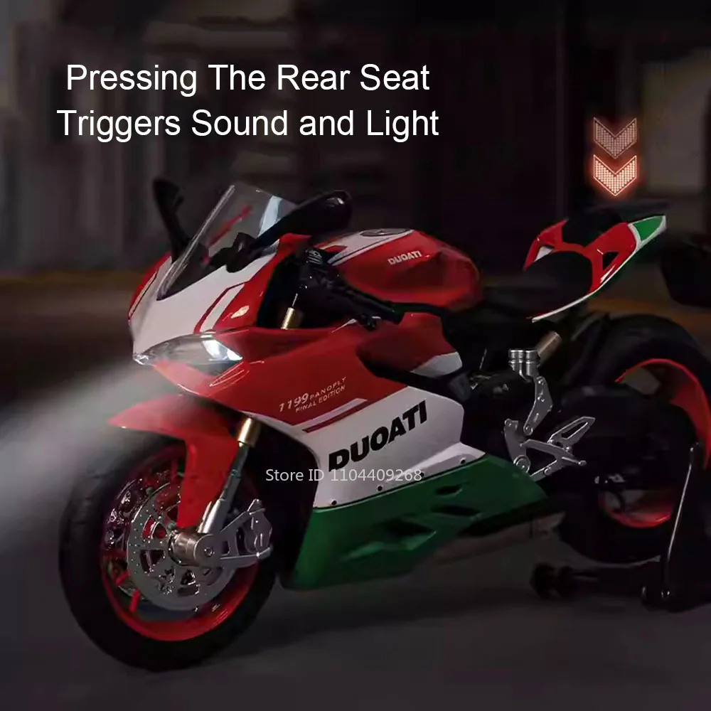 1:12 1199 V4S レーシングバイクモデルおもちゃ車 合金ボディ 衝撃吸収 サウンドライト フリーホイール モーターモデル 子供向けホリデーギフト