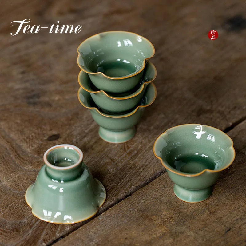 50ml Boutique Yue Kiln Celadon Sunflower Mouth Teacup with Saucer Set Handmade Ceramic Master Cup Chazhan Customize Teaware Gift