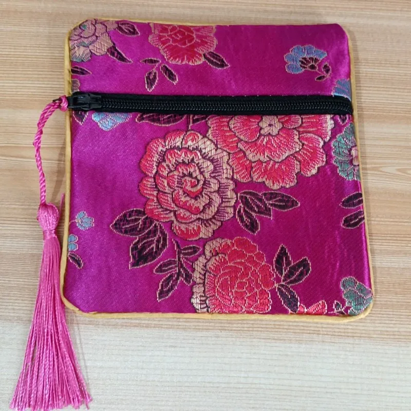 Flower Tassel Zip Purse Chinese Silk Brocade Jewelry Pouch Gift Bags for Bracelets Bangles Packaging 10pcs/lot