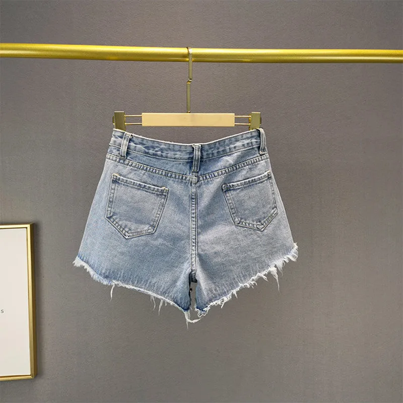 Women's Short Jeans High Waist Distressed Diamonds Tassel Loose Wide Leg Luxury Denim Shorts 2026 Summer Fashion