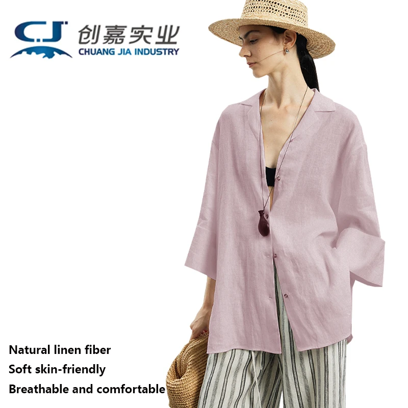 

High-end 100% Linen Women's Seven-point Sleeve Shirt White Temperament Elegant Fashion Top Outdoor Business Casual Breathable
