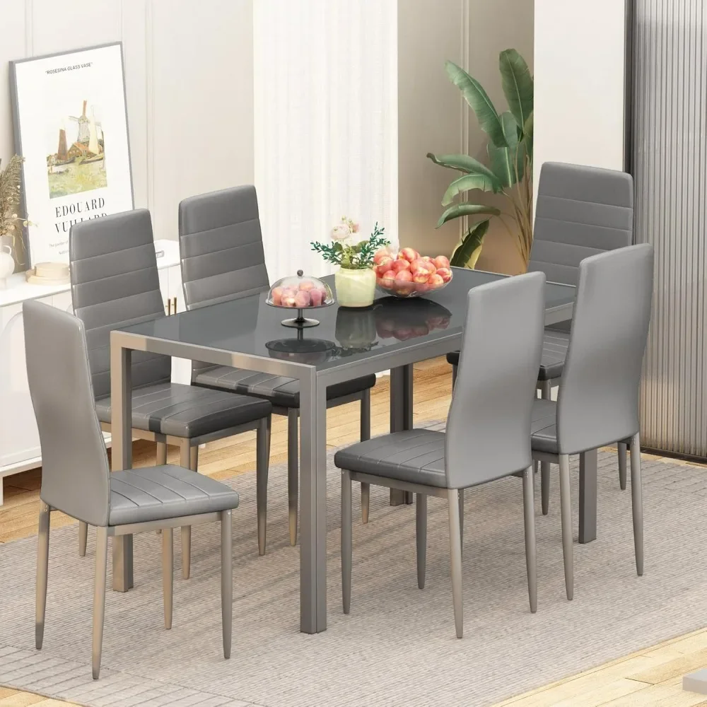 

7 Piece Kitchen 6 Person, Tempered Glass Table and PU Leather Chairs Modern Dining Room Sets for Small Space, Dining Table Set