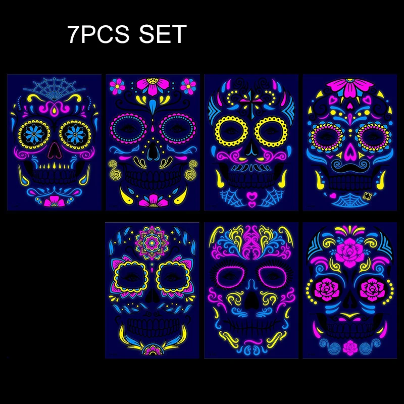 

Флуоресцентные временные татуировки, наклейка на лицо для женщин, водонепроницаемые художественные наклейки на Хэллоуин, день мертвых, вечеринка, фестиваль, ночной бар