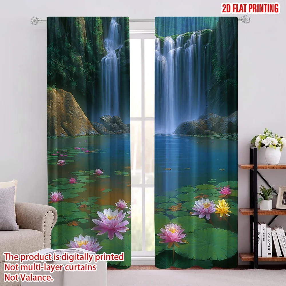 2D flat printing 2pcs Curtains Waterfall Nature Serenity Lily Digital Printed Polyester Drapes Family Party Decoration Use for