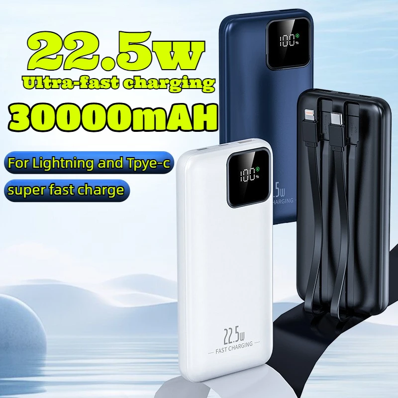

Portable 30000mAh Power Banks 22-5W Super Fast Charging with Digital Display Built-in 2 Cables External Battery for Mobile Phone