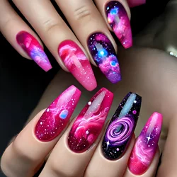24pcs/set Medium long fake nail tips for women colorful gradient glitter starry design for Spring Summer press on false nail art