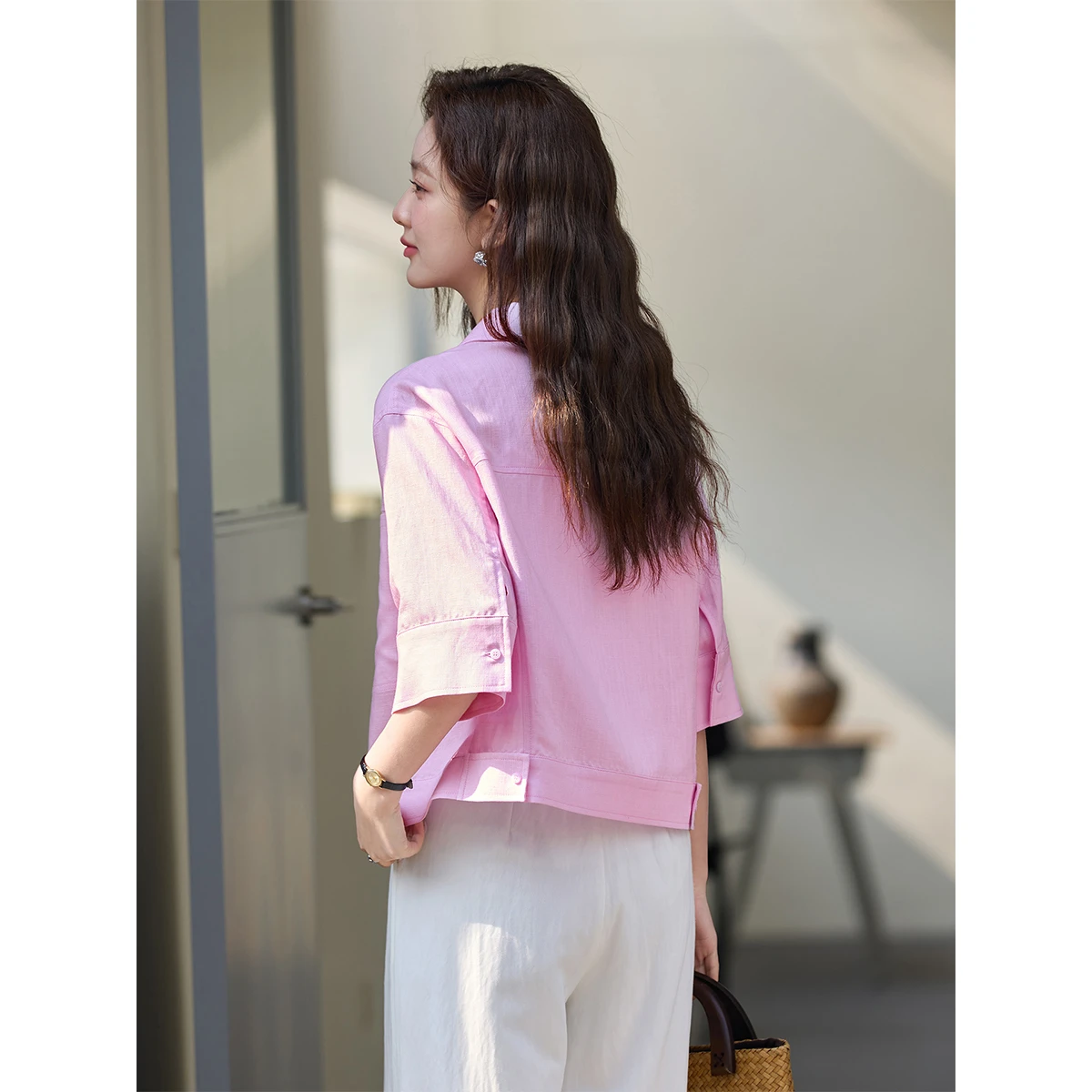 VIMLY Women's Pink Cropped Jacket 2026 Spring Summer Linen Lapel Collar Real Pocket Versatile 3/4 Sleeve Shirt Jacket A6207