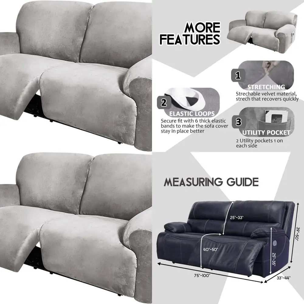 

6-Piece Velvet Stretch Slipcover for 75-100 Reclining 2-Seater Sofa, Extra Wide Love Seat, Thick & Soft, Washable, Light Grey