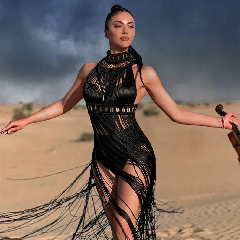 Ontwerp Sexy Kwastje Handgemaakt Griekse Godin Romeinse Dame Jurk Bohemia Roeping Strandfeest Eendelig Vestidos Dameskleding
