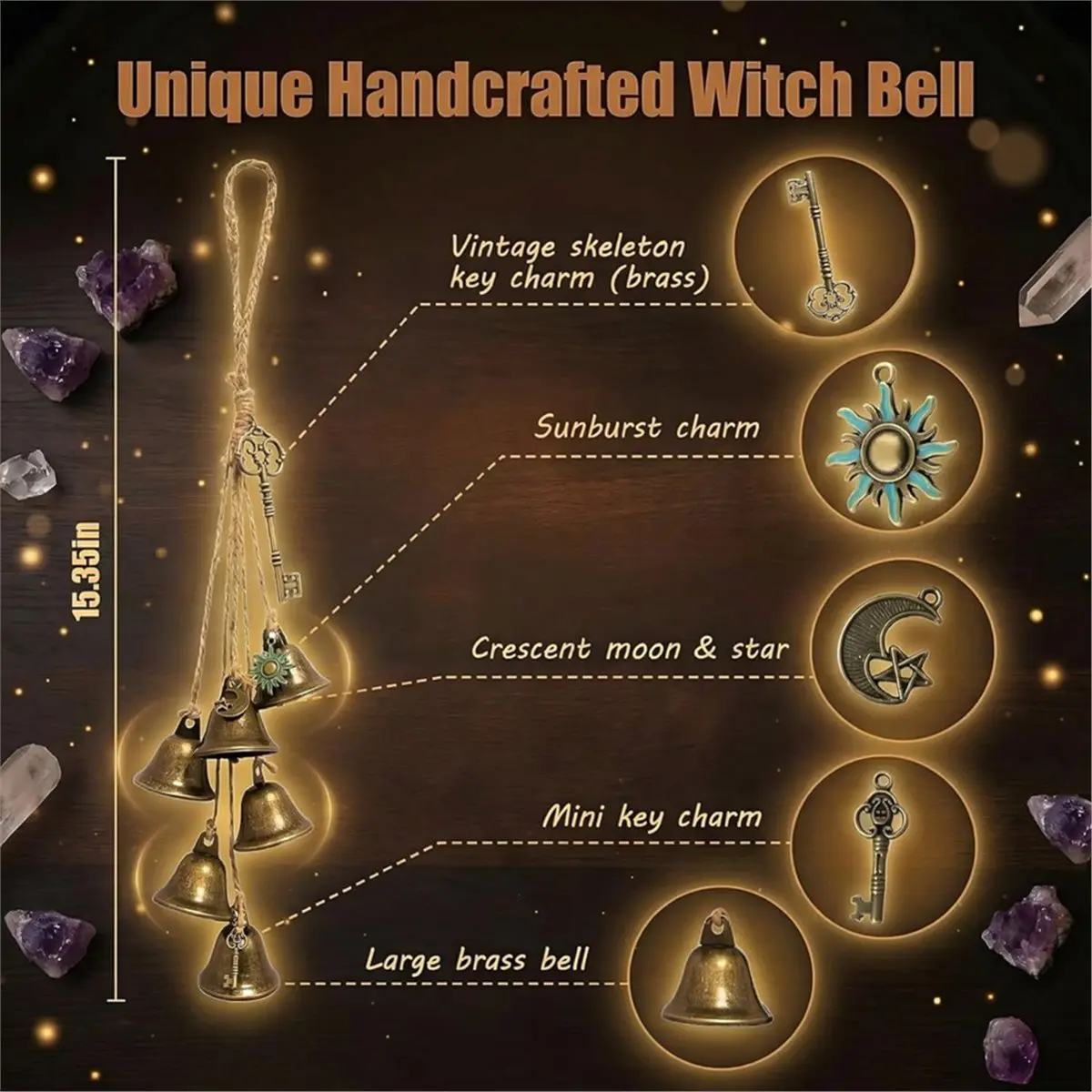 PHONE&GEAR Witch Bells for Door Knob for Protection, 2 Pack Handmade Witch Bells 13.5 & 12.2 Inch with Brass Bells and Spell Ja