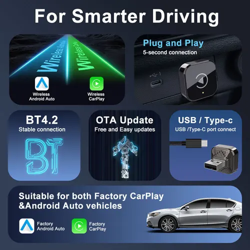 Imagen 2 del producto Adaptador inalámbrico CarPlay Android Auto 2 en 1, conexión automática, USB, juego de coche, sistema Universal AI Smart Box para todos los coches