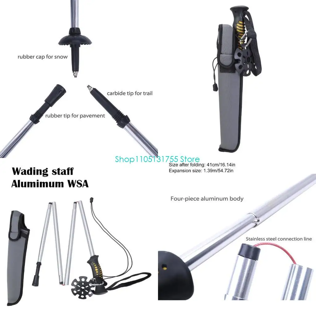 

K0EF Fly Fishing Rod with Pouches Outdoor Hiking Fishing Accessories Light Weight Folding Alumimum Alloy Wading Staff