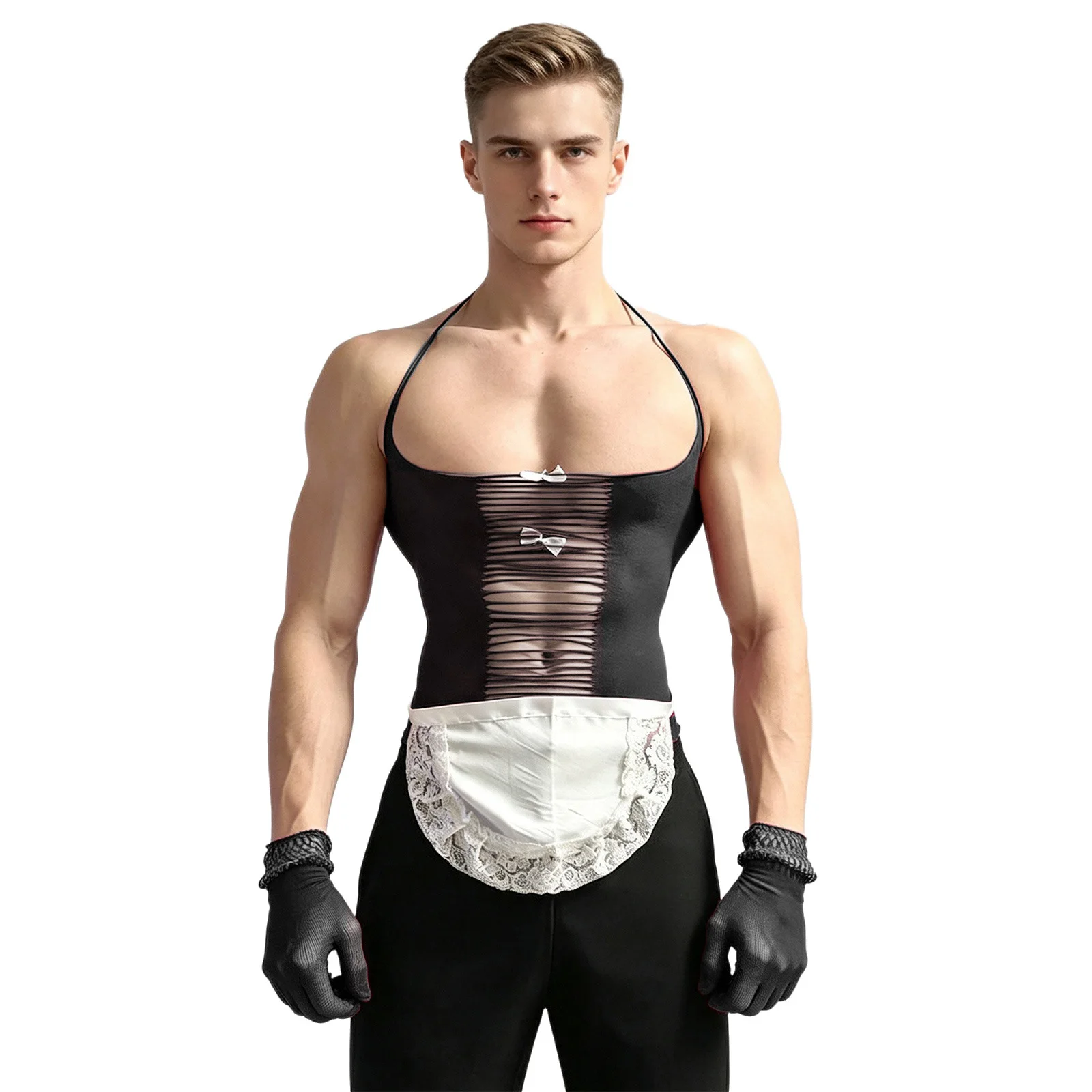 Mens Sissy Manservant Cosplay Lingerie Set See Through Cutout Halter Tank Top with Ruffled Lace Apron and Gloves for Couple Game