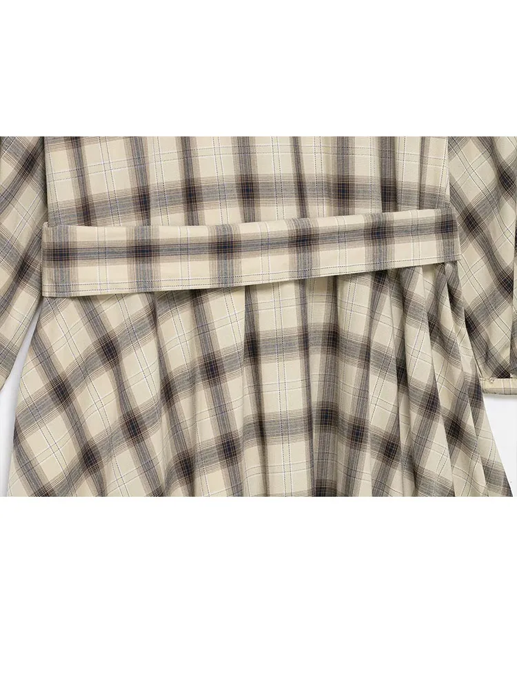 Hh moda feminina tripulação pescoço botão xadrez camisa estilo vestido de manga longa feminino verão cinto bolso decoração casual vestido linha a