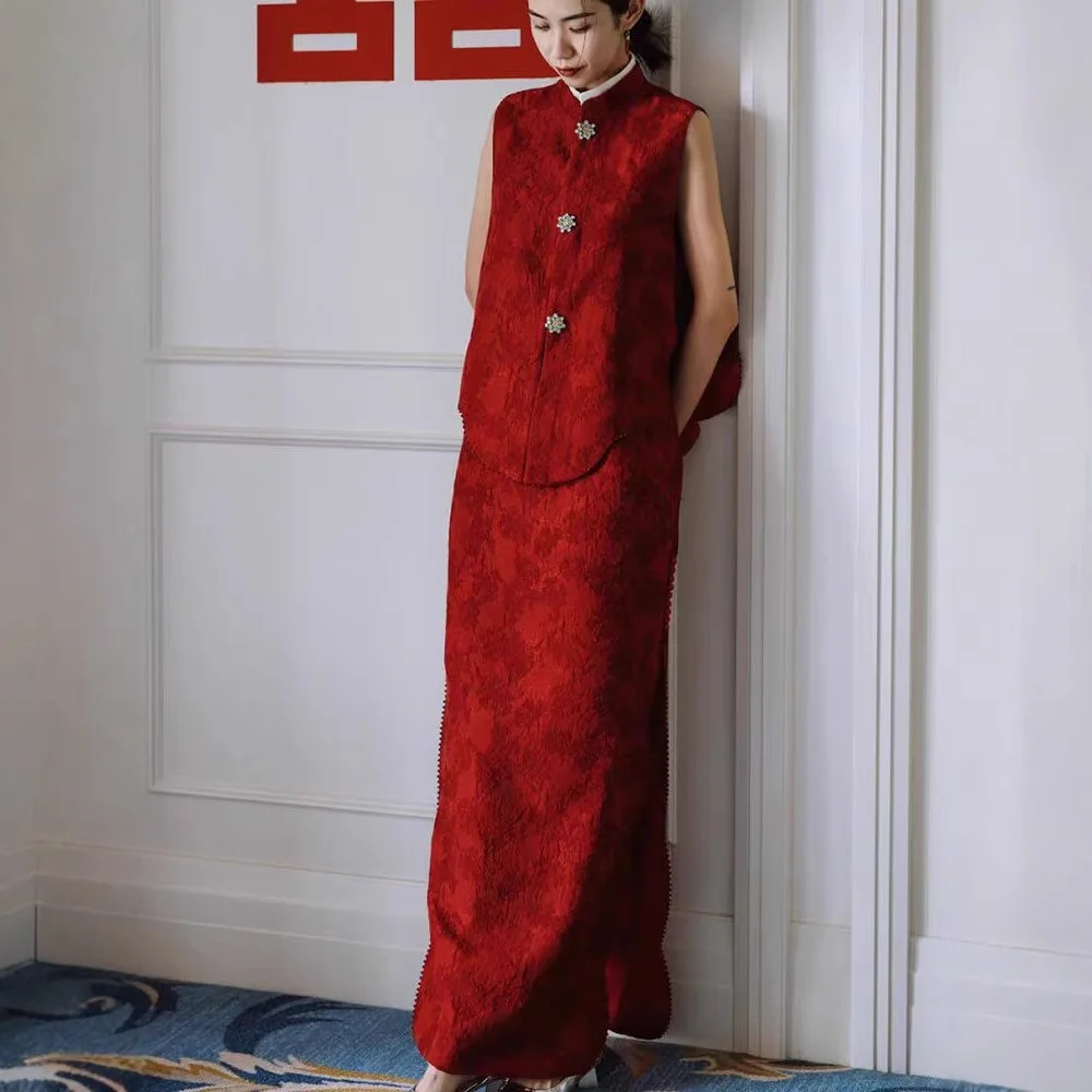 New Chinese Style Morning Dress Female National Light Luxury Elegant Red Wedding Two-Piece Set Gowns Toast Clothing