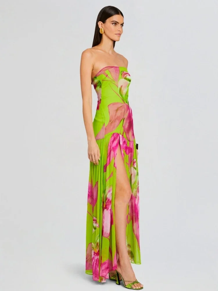 

Summer Sexy Strapless Green Print Slit Long Dress Sleeveless Floral Beach Holiday Party Sundress for Women