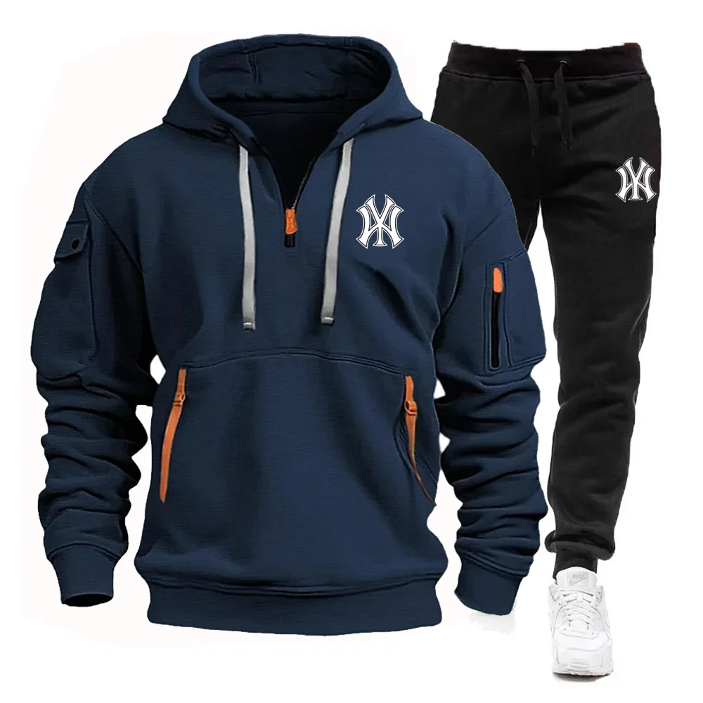 Sudadera con capucha y pantalones deportivos para hombre, ropa deportiva de dos piezas con cremallera y múltiples bolsillos, estilo coreano, para