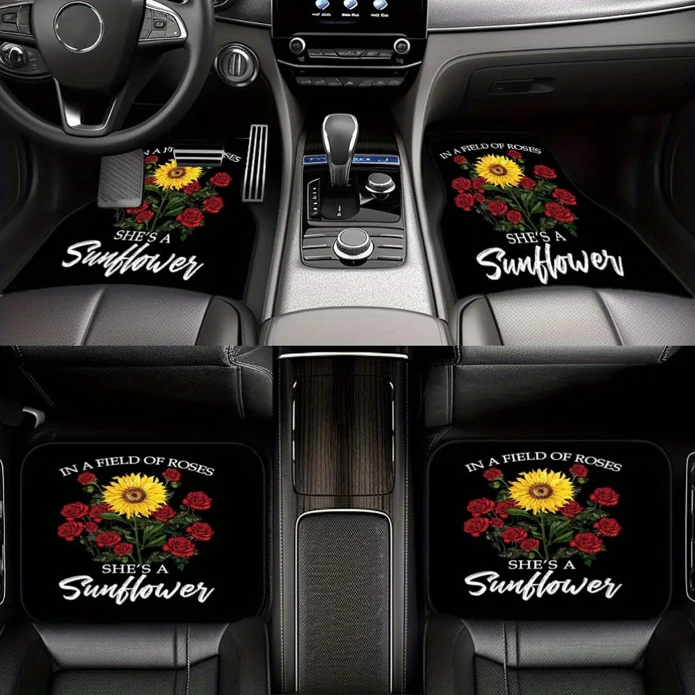 Universal Fit Polyester Car Floor Mats With Floral Design - Sunflower And Roses Motif, Non-Slip Backing, Unisex, All-Season Vehi