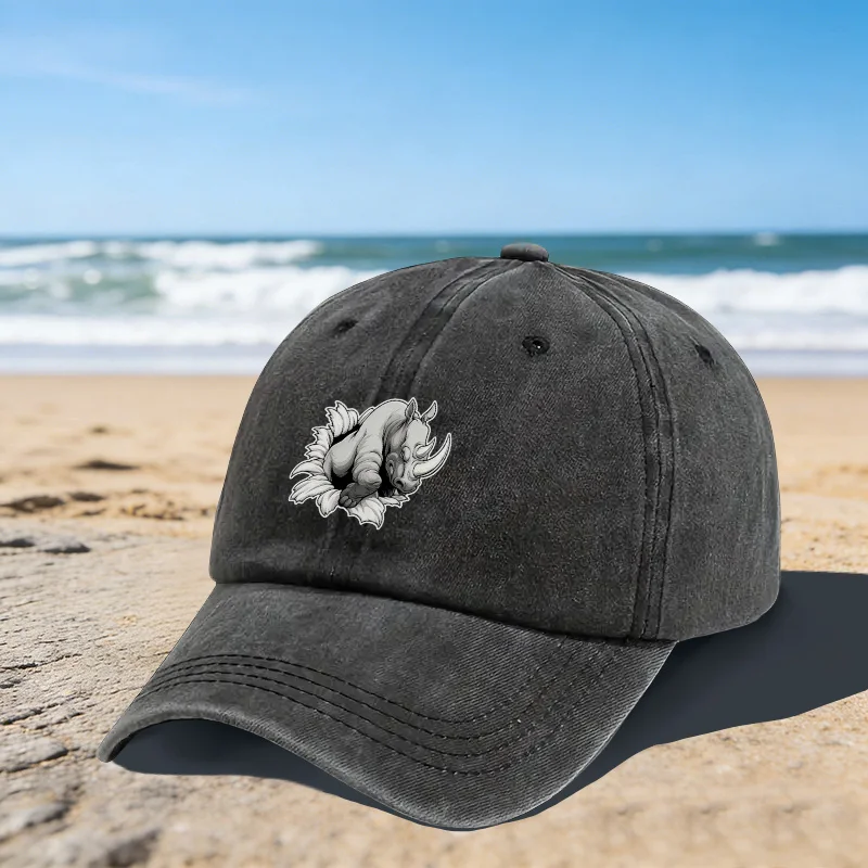 Rhino-Breaking-Through-Print-Baseball-Cap-Unisex-Adjustable-Washed-Cotton-Cap-for-Outdoor-Beach-Casual-Wear