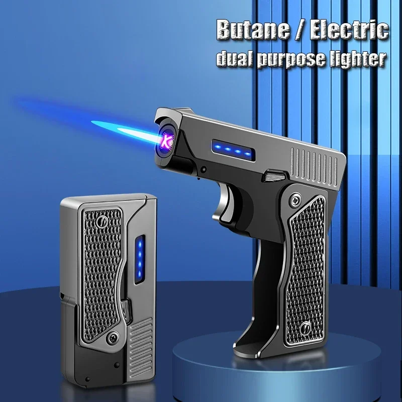 New Windproof Gas Electric Plasma C-type USB Charging Lighter Folding Gun Butane Torch Turbo Jet Flame Cigar Lighter Men's Gift