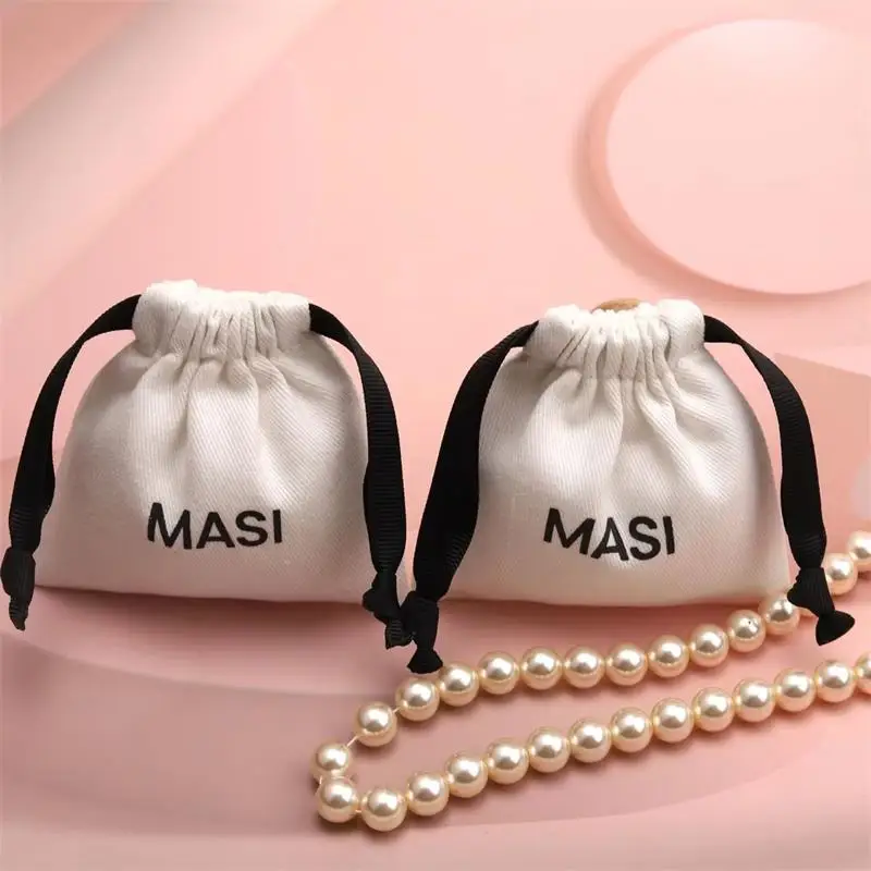 

50/100PCS Cotton Drawstring Bag Custom Logo Printing Luxury Wedding Favours Pouch Necklace Ring Storage Sacks Gift Packaging Bag