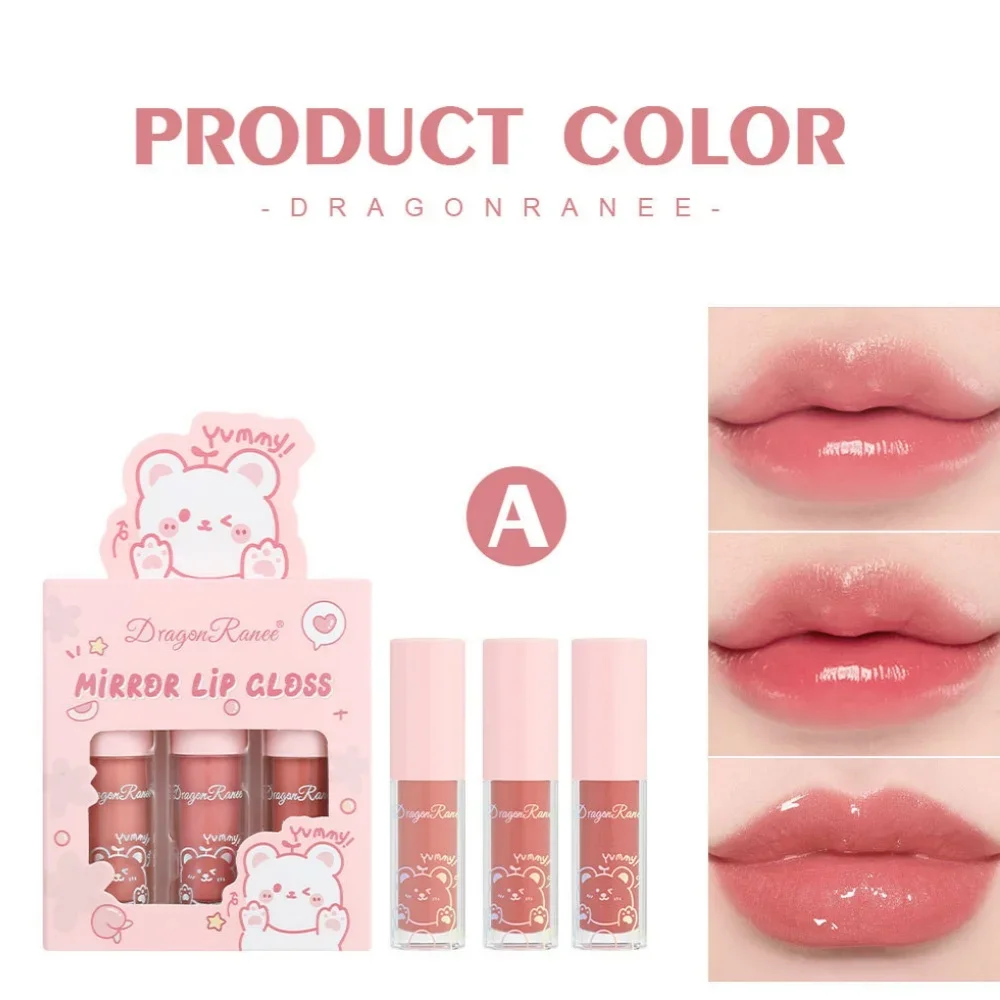 التنين راني 3 قطعة مرآة ملمع الشفاه مجموعة ترطيب مشرقة الشفاه الصقيل ترطيب اللؤلؤ السائل أحمر الشفاه الكرتون ملمع الشفاه مجموعات #3