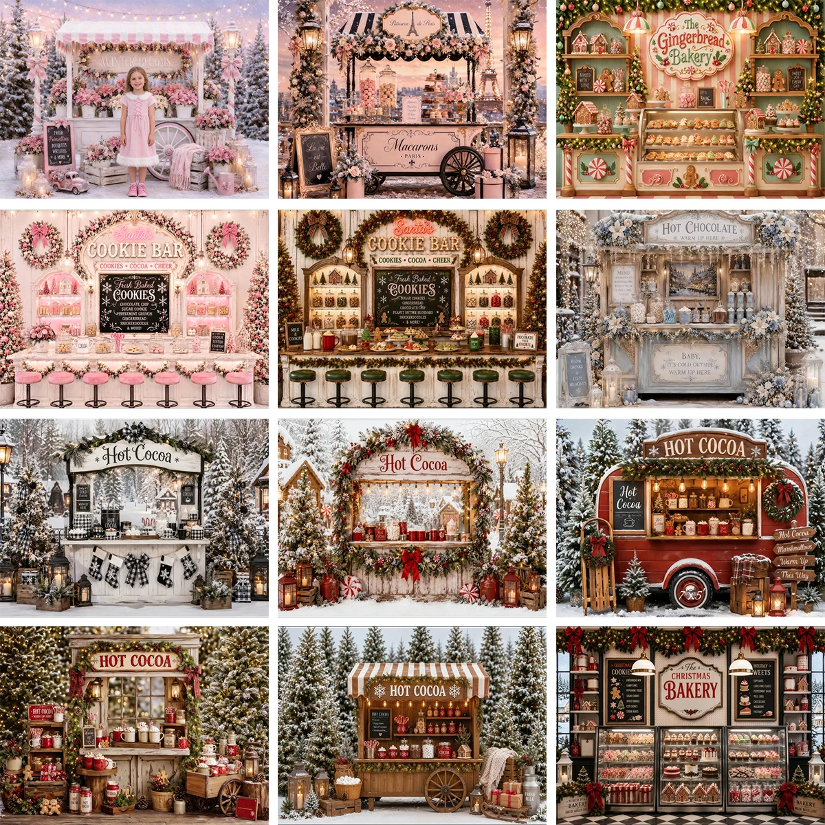Vintage Christmas Hot Cocoa Cookie Bakery Cart Snowy Winter Photography Background For Kids Family Holiday Xmas Portrait