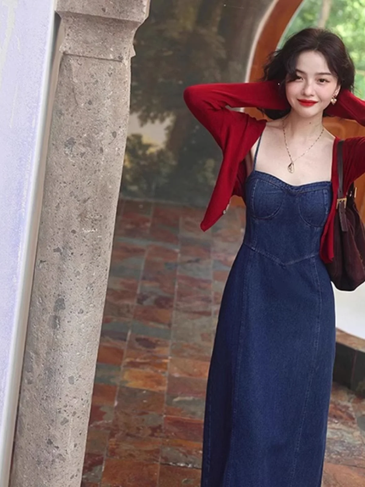 

Red Knitted ort Thin Cardigan Women's Autumn Outerwear oulder awl Skirt Matching High-End Feeling Top V-ne Long Sve