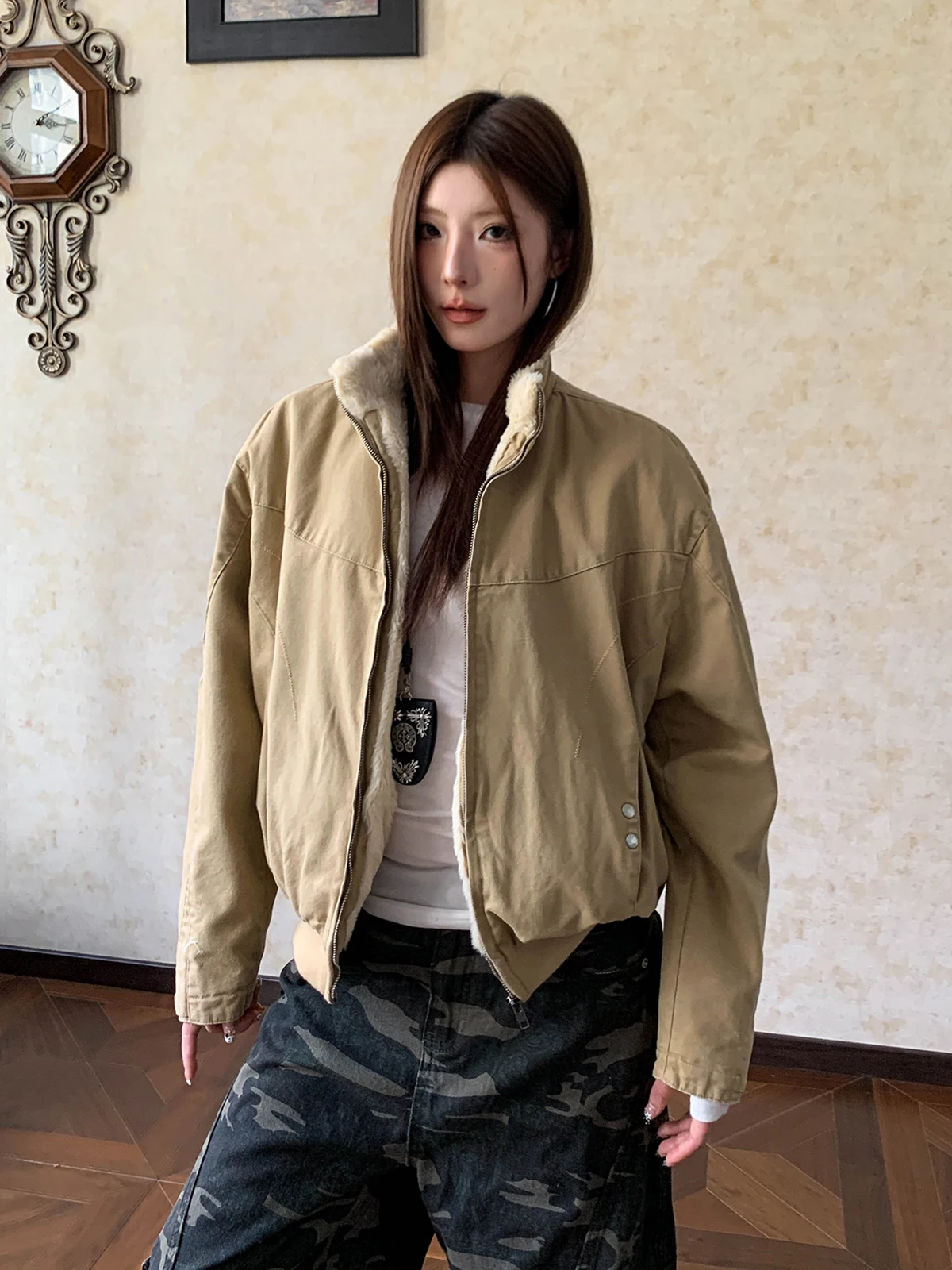 

Aket American Barn Sle Fce Lined Canvas Jaet Women's Clean Fit ort Workwear Coat Stand Collar Fur Collar Warmth