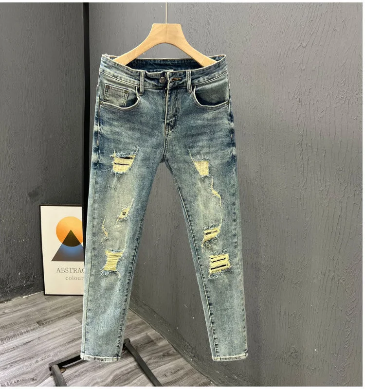 High Quali Men's Ripped Denim Jeans Tight Fit Nine Points Elastic Slim Leg Long Pants Spring Autumn New Sle Korean Version
