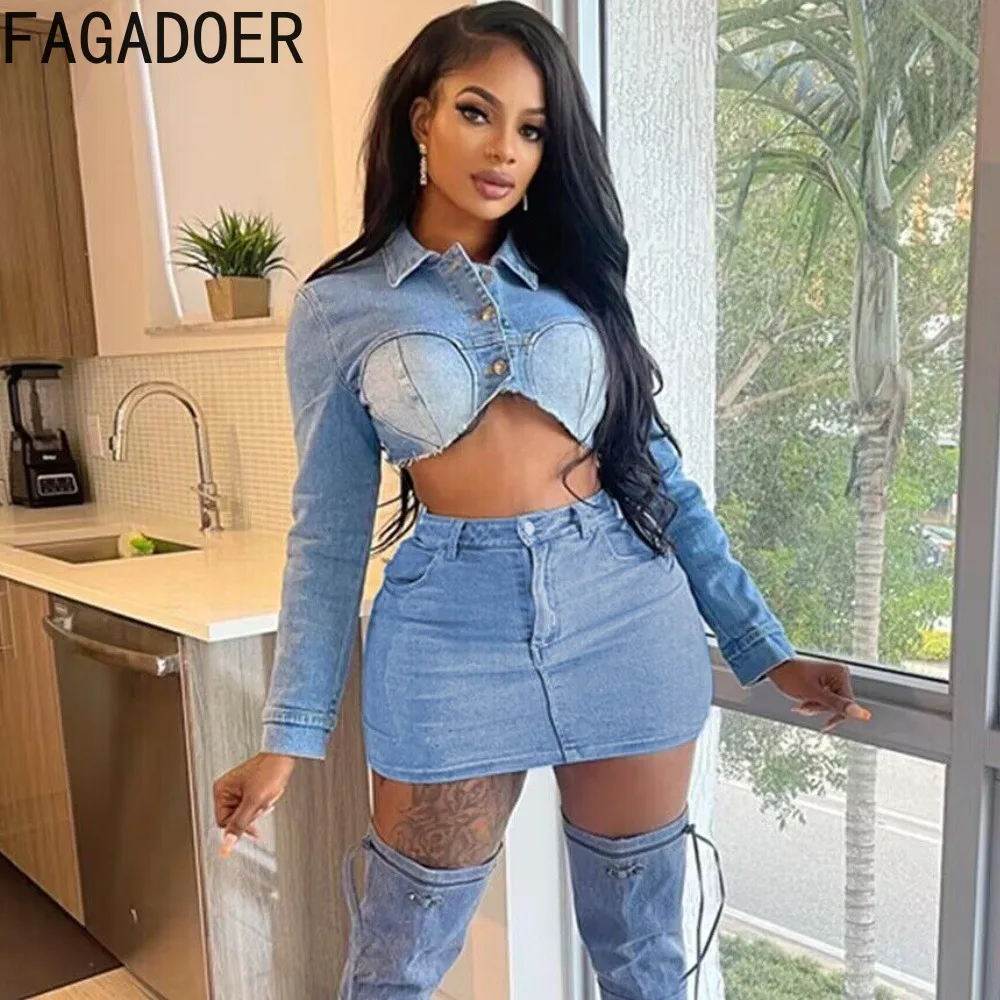 FAGADOER Blue Fashion Denim Skirts Two Piece Sets Women Long Sleeve Crop Top And Mini Skirts Outfits Female Cowboy 2pcs Clothing