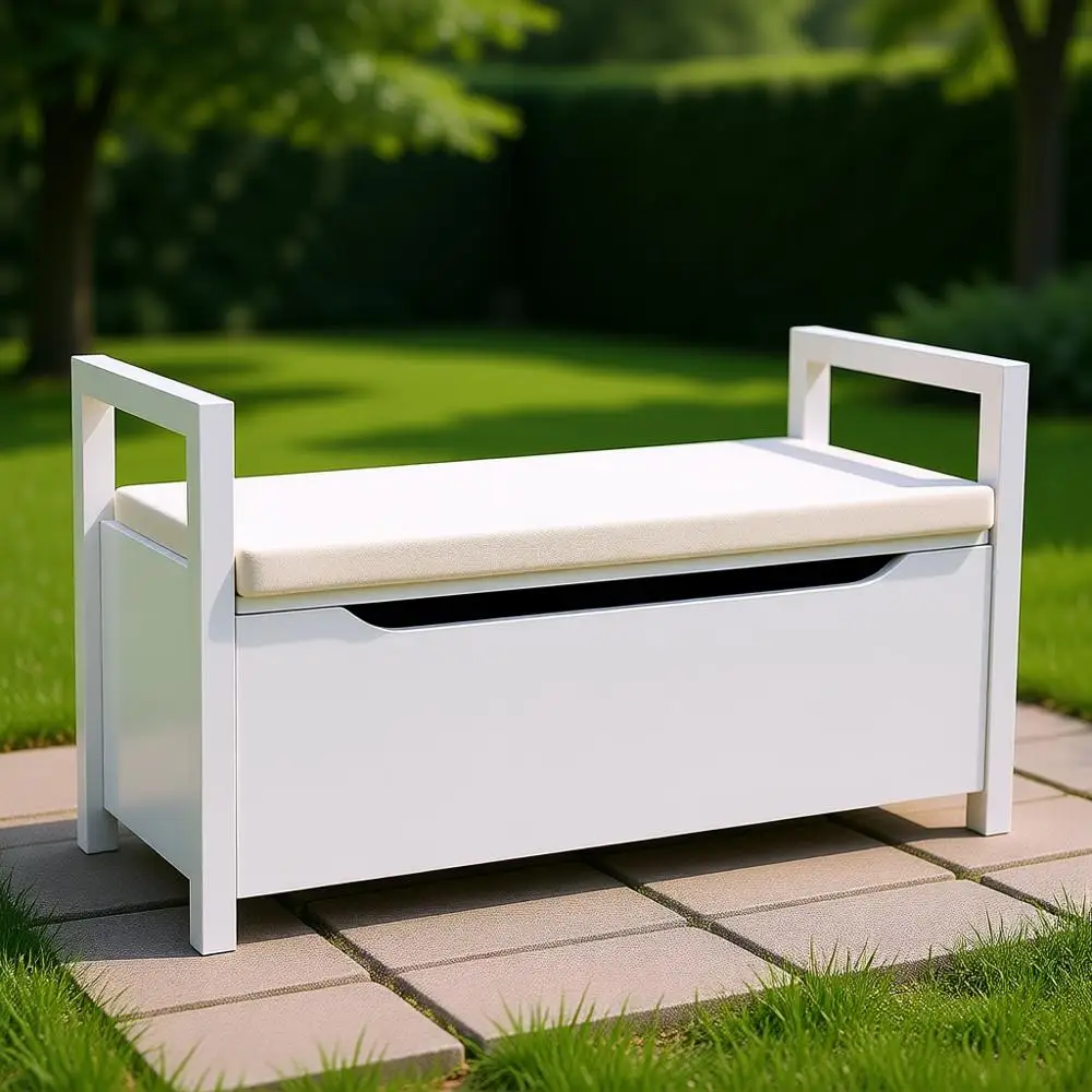 

White Wooden Shoe Storage Bench with Cushion, 34L × 15W × 19H for Entryway and Bedroom