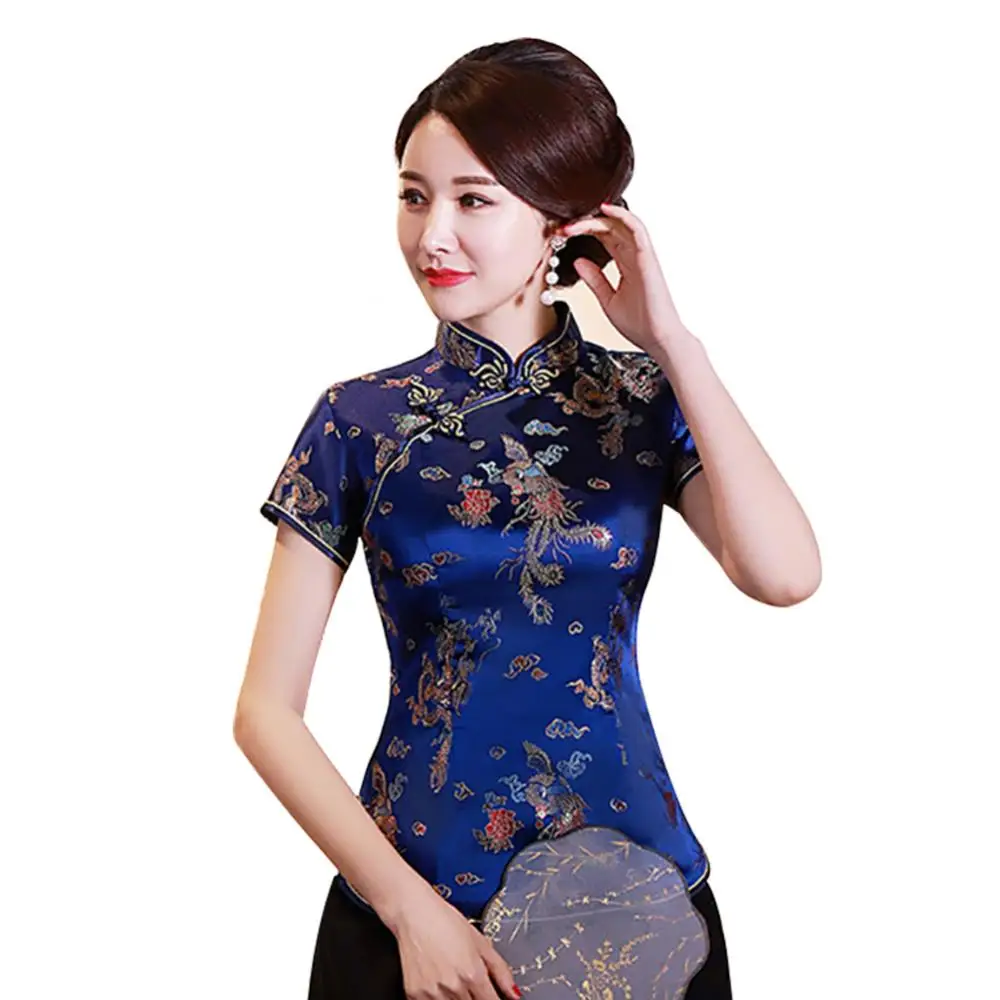 Women Blouse Shirt Chinese Traditional Cheongsam Qipao Dragon/Phoenix Cheongsam Embroidery Short Sleeve Women Shirt Top Oversize