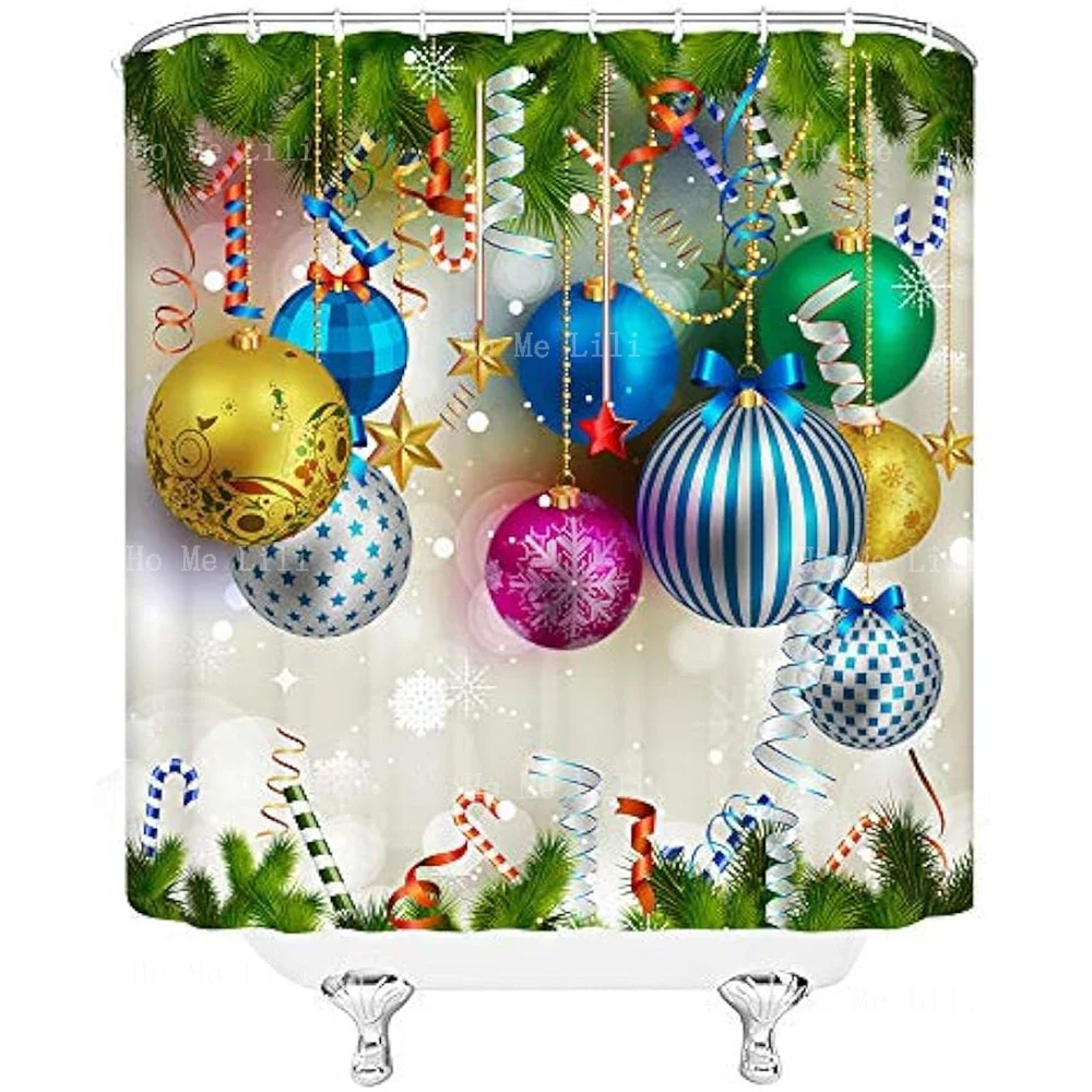 Merry Christmas Colorful Xmas Balls Green Pine Branches Happy New Year Twig Tinsel Print Classical Shower Curtain