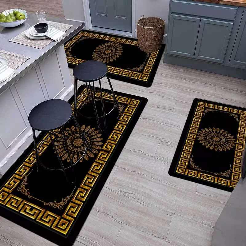 Moderne geometrische Küchenteppiche, rutschfeste Maschinenteppich-Fußmatten für Zuhause, Esszimmer, Waschküche, Polyester, goldener Druck