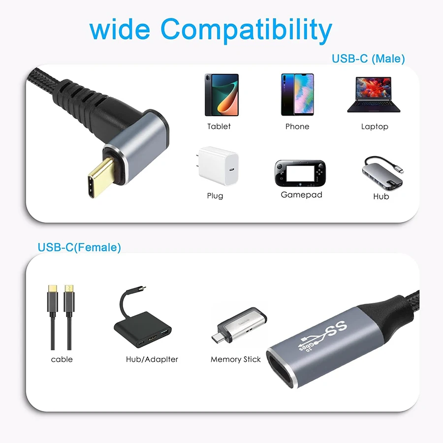 90 Degree USB C Male to Female Extension Cable USB3.1 Gen2 Up Down Angle Type-C 10Gbps Data 4K@60Hz Display PD100W Charging Cord