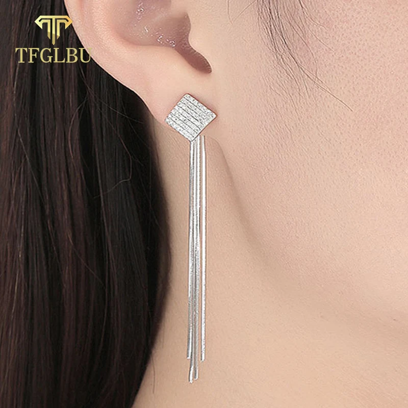 TFGLBU New All Moissanite Drop Earrings for Women Elegant Tassel Ear 100% Solid 925 Silver Diamond Party Wedding Gift Jewelry