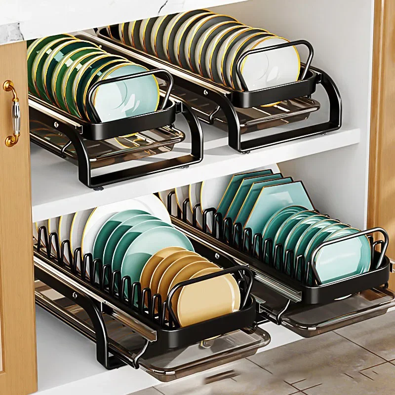 Sliding kitchen Dish Rack Drying Storage Rack Under Sink Cabinets Organizer Shelf with Drain Tray Chopstick Barrel Dish Drainer