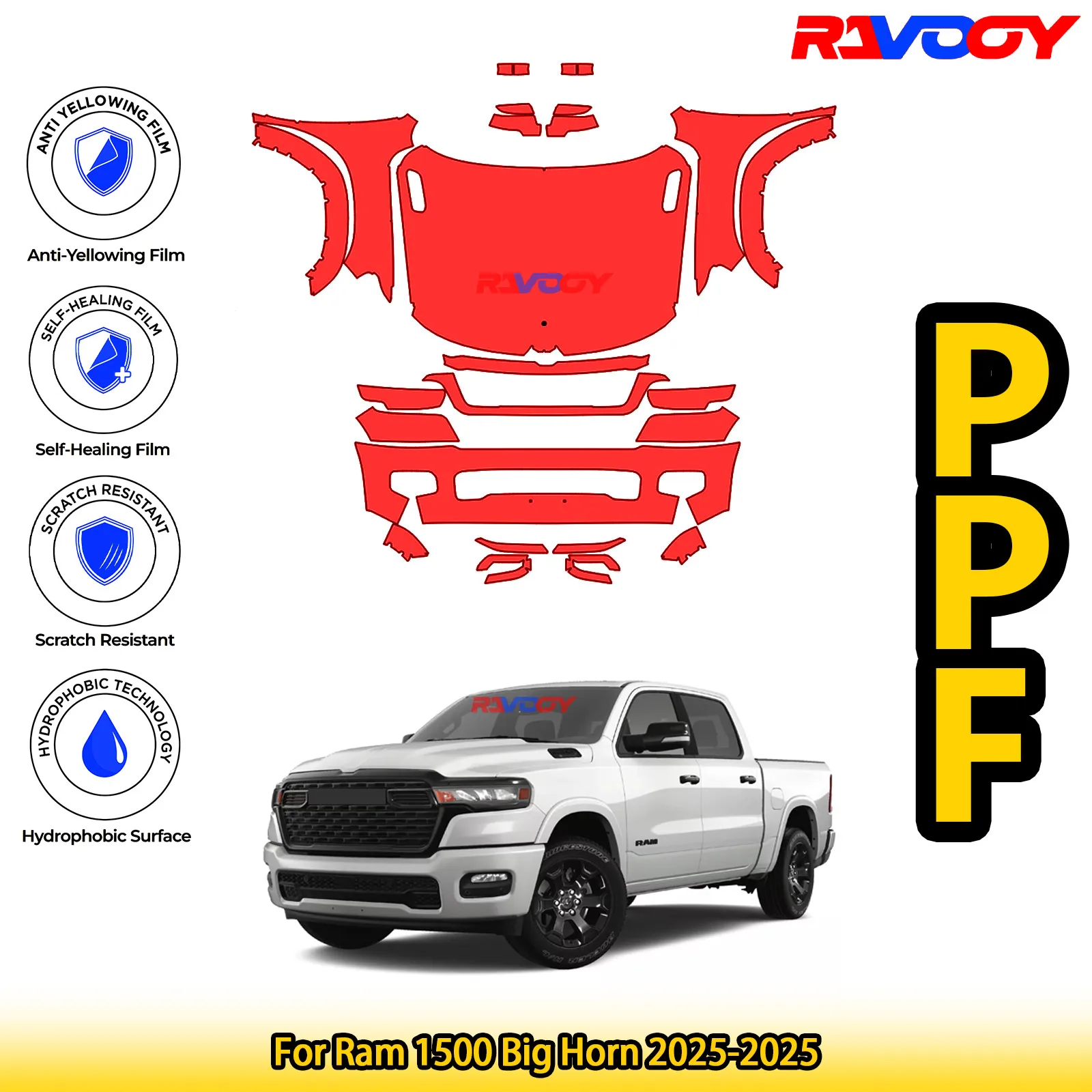 

For Ram 1500 Big Horn 2025-2025 Glossy Matte Black Precut front PPF Kit Paint Protection Film