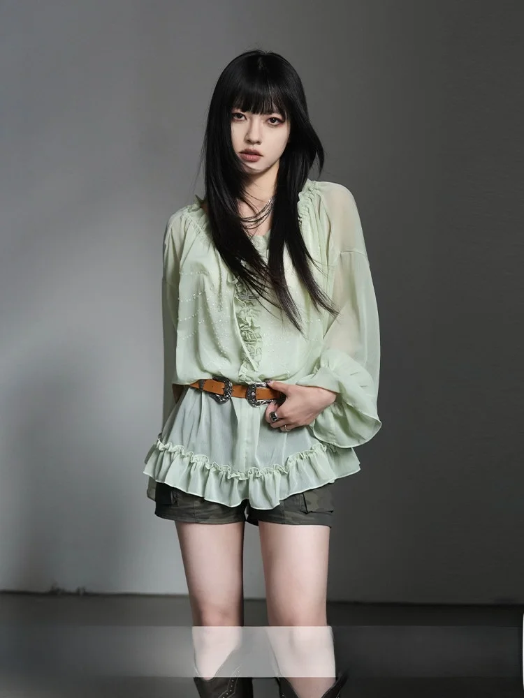 

Loose Thin Long Sve V-Ne Women's irt Summer Lightweight Sun Protection See-Tough Design Commute Sle Korean Version