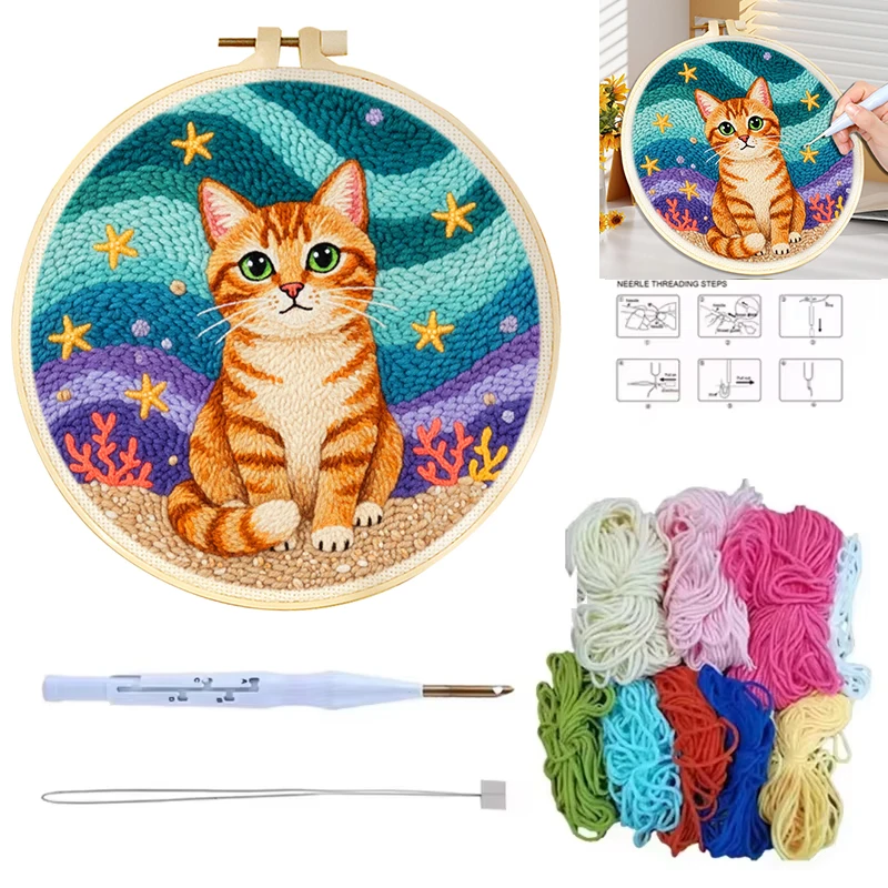 Punch Needle Embroidery for Beginner Cute Cat Animal Diy 20x20cm Sewing Poke Embroidery Craft Set Home Decor Festival Gift 2