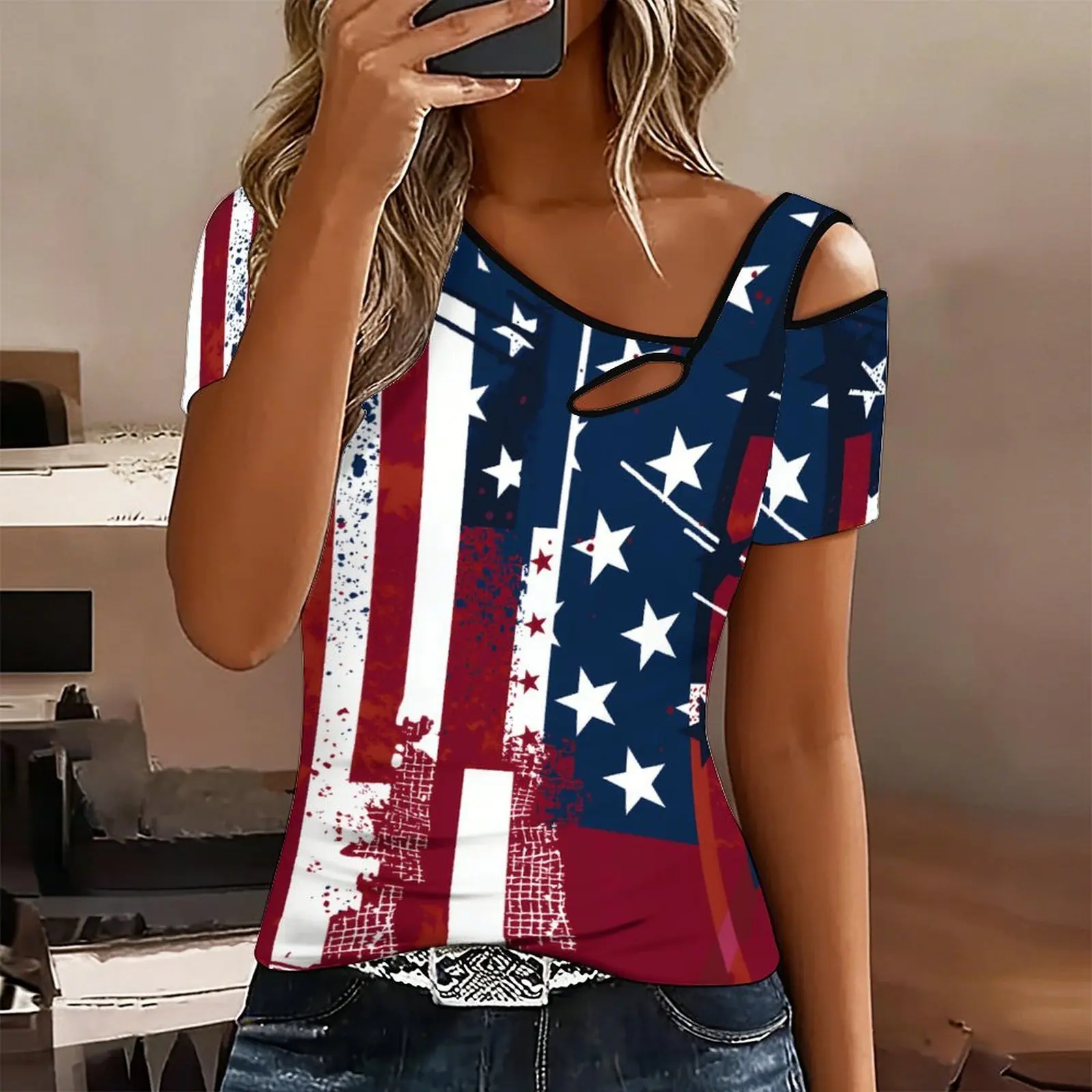 Women's Off-Shoulder Collar Botanical Print T-Shirt, Trendy and Fashionable Elegant All-Over Printed Top