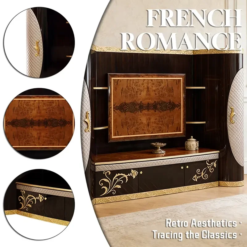 High-end French European Classical Solid Wood & Gold Foil Storage Wine TV Wall Cabinet for Living Room & Hotel