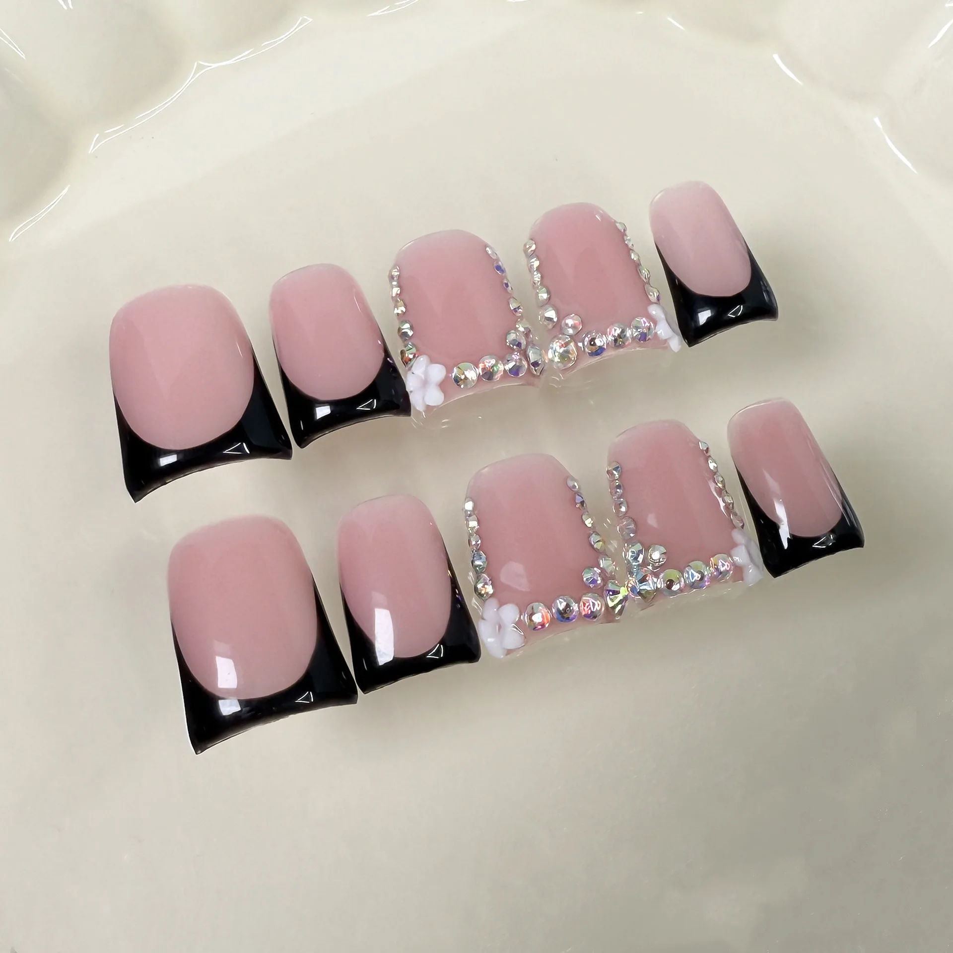10 pièces rose bec de canard fait à la main presse sur les ongles Art Simple blanc français court faux ongles portable strass conception faux ongles conseils