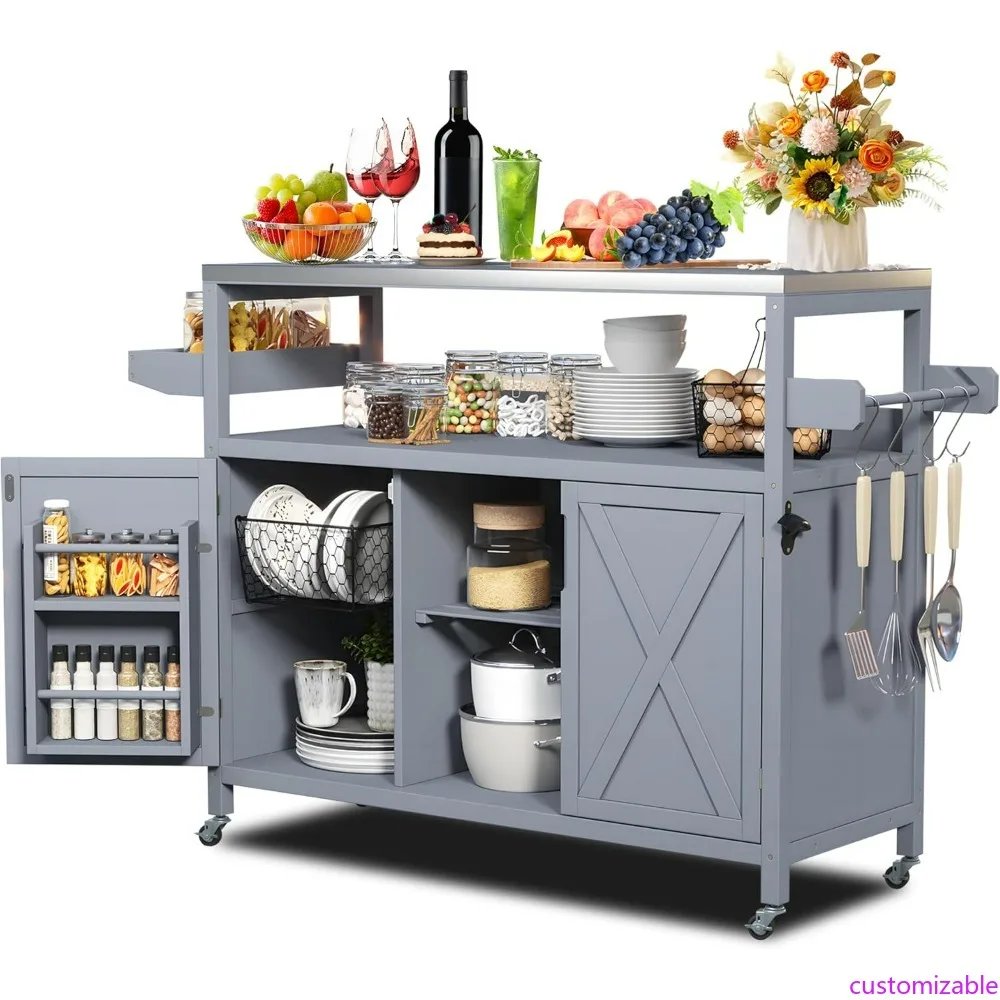 

Stainless Steel Outdoor Kitchen Island with Spice and Towel Racks, Farmhouse Style Grill Cart featuring Storage Cabinet