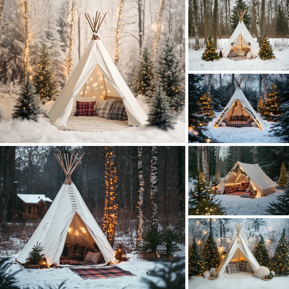 

Winter Christmas Forest Photography Background Snowy Camping Xmas Trees Kids Family Portrait Party Decor Backdrop Photo Studio