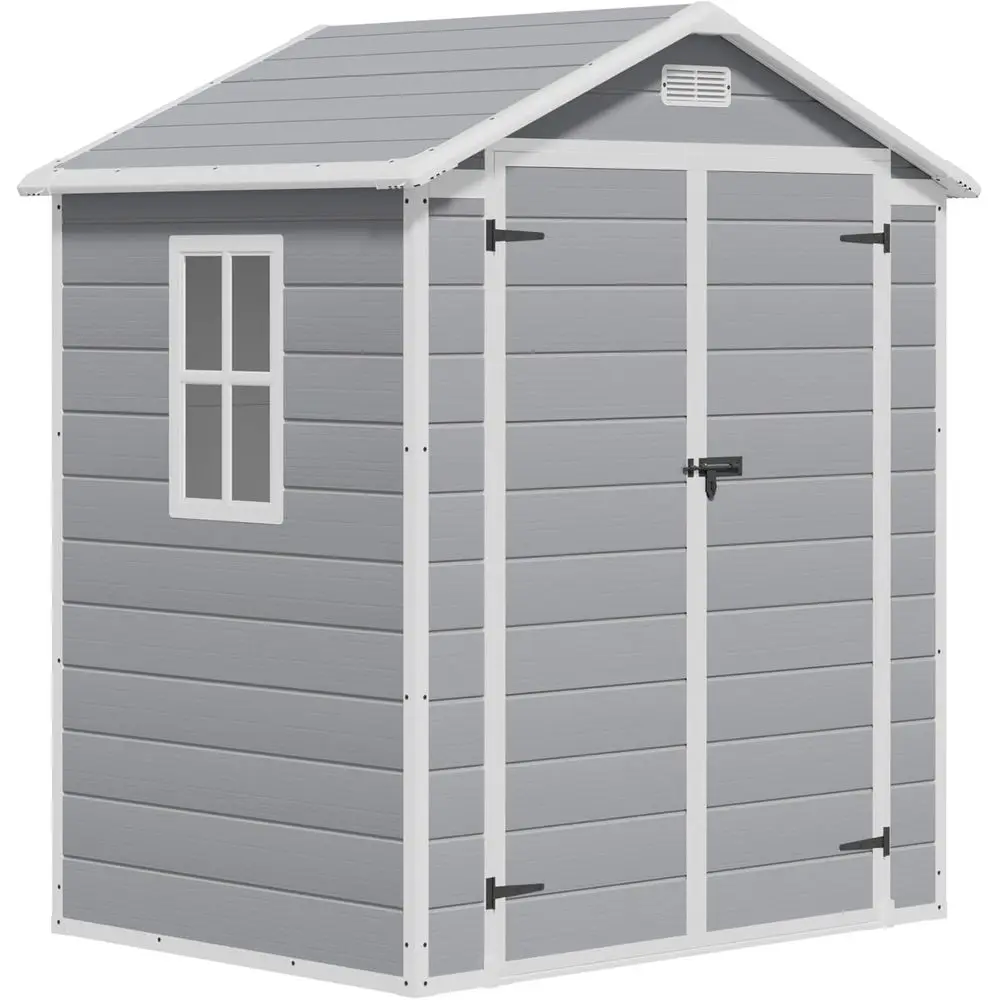 

Light Gray 6x4ft Outdoor Plastic Storage Shed with Floor, Window, Lockable Door, and Vent for Garden, Garage, Lawn Use