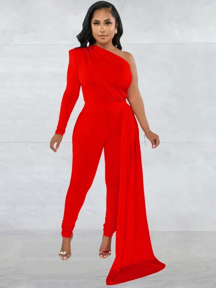 

GUWU Sexy Pleated One Shoulder Long Sleeve Skinny Solid Ribbon Party Jumpsuit Autumn Romper Streetwear Women Overalls